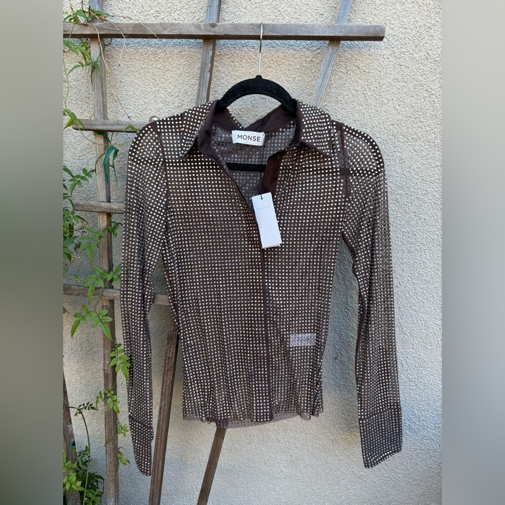 Monse Crystal Embellished Button-Up Shirt in Teak/ Silver New with Tags! - Picture 7 of 12